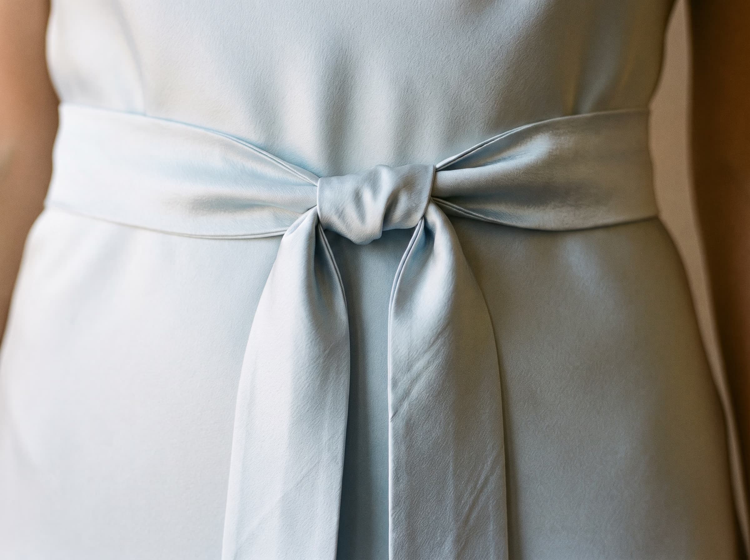 La ceinture de la robe Chergui en bleu voile, coupée en biais et nouée à plat.