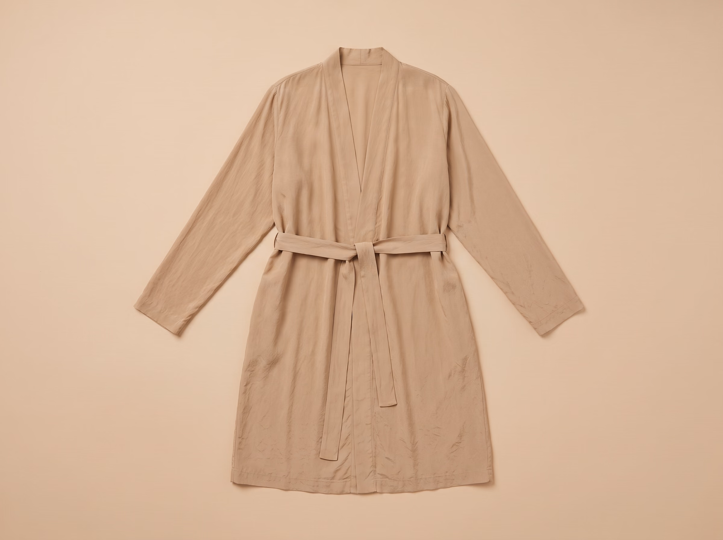 The Oudaya robe in Amande, washed silk, from the front.
