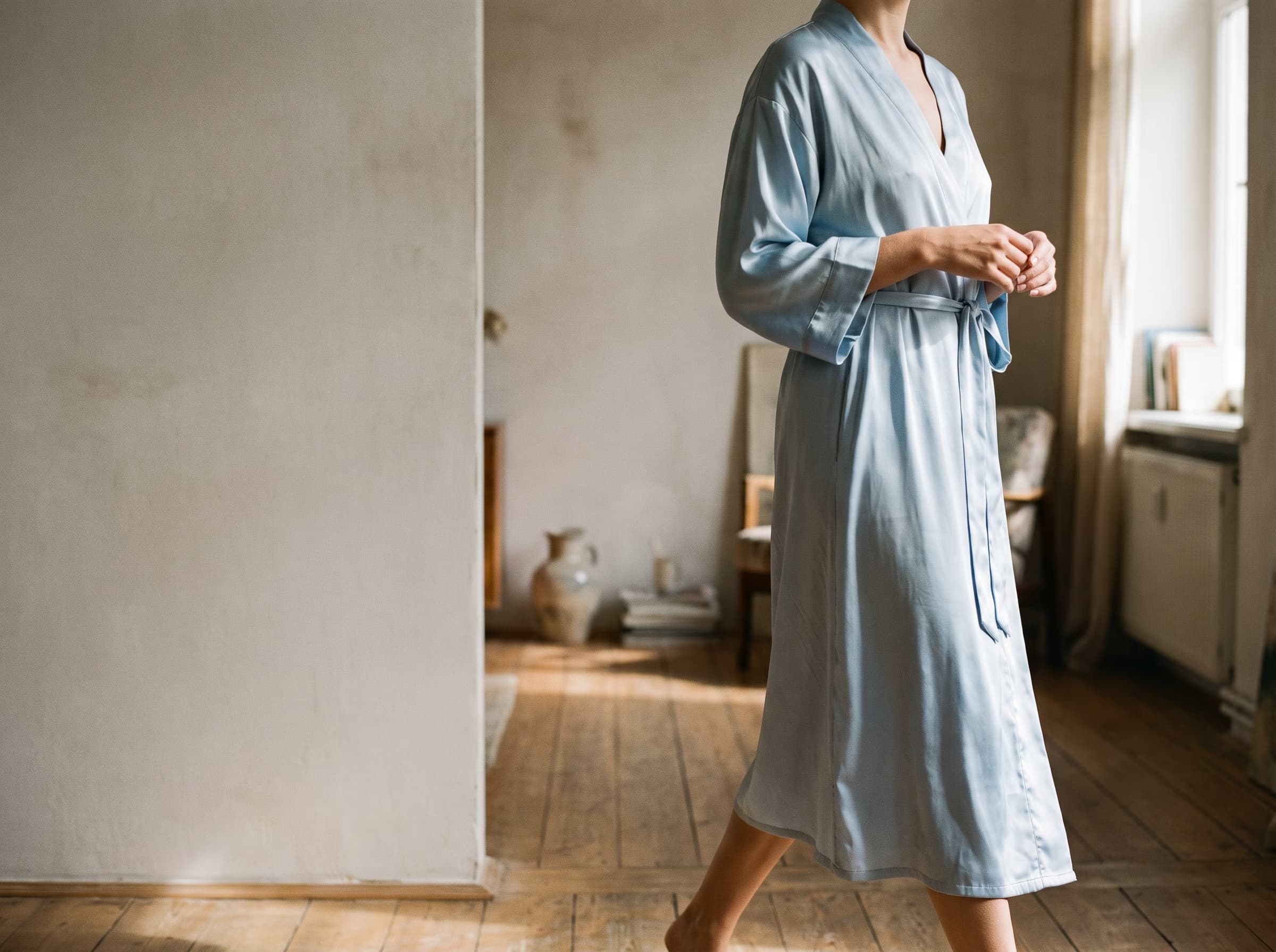 A woman at a tall window, seen from behind, in Bleu voile silk. Morning light crosses the wall.